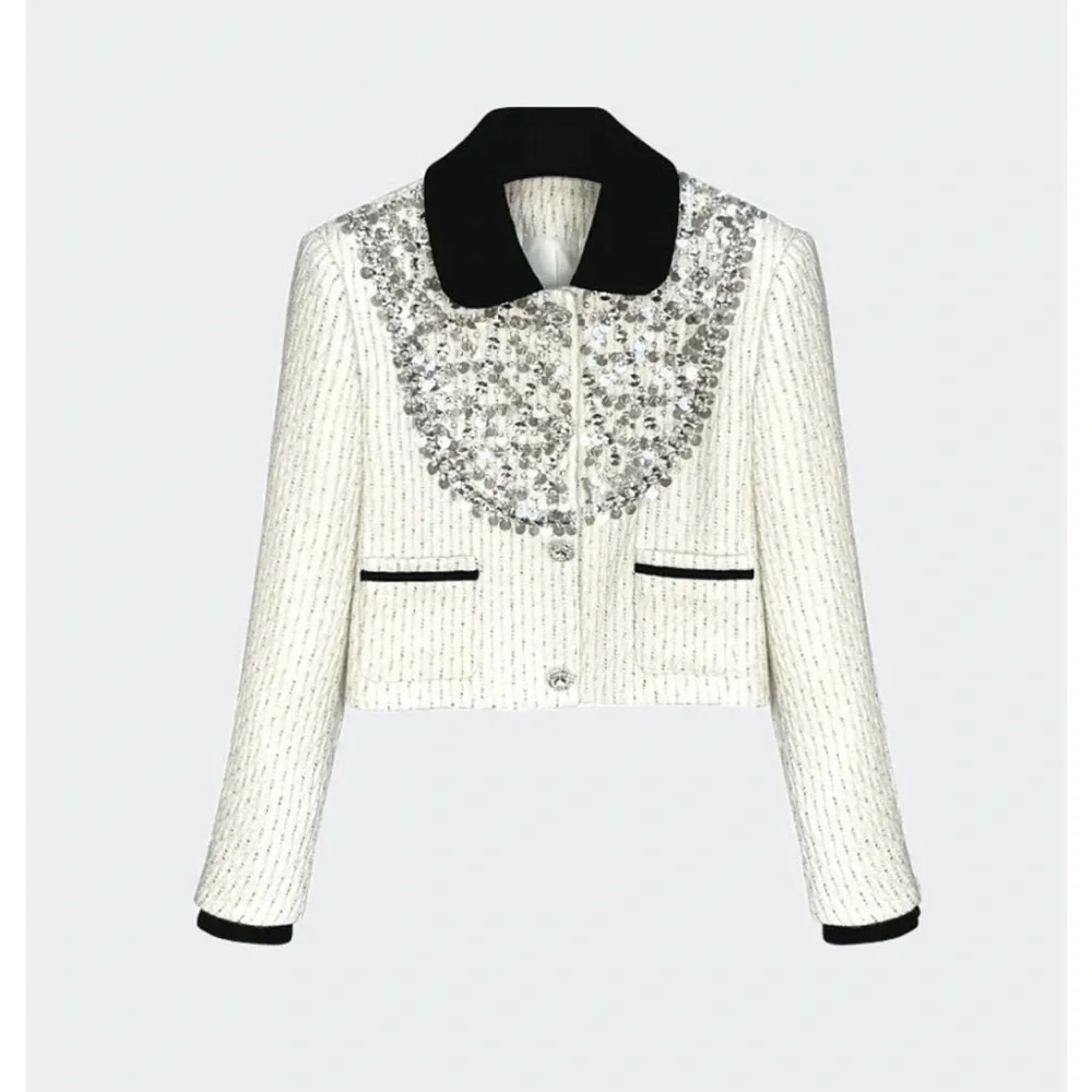 Cream Cropped Embellished Jacket with Black Trim - Picture 1 of 3